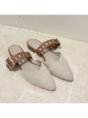 Charles & Keith Women’s Beige Canvas Pointed Toe Buckle Mule Flats EU 35 US 5